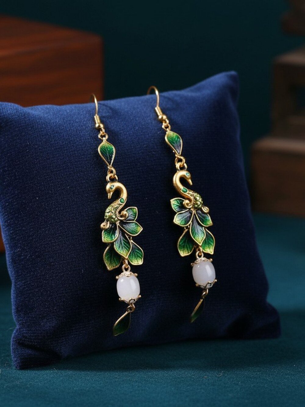 Jade Drop Dangle Earrings Peacock Bohemian Ear Hook 18K Gold Plated